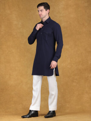 Navy knitted pathani kurta set reception with chest pocket design
