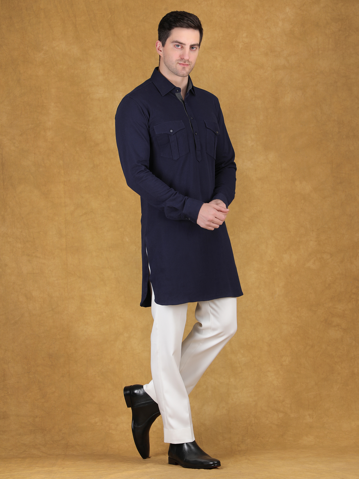 Navy Knitted Pathani Kurta Set for Reception - Image 4