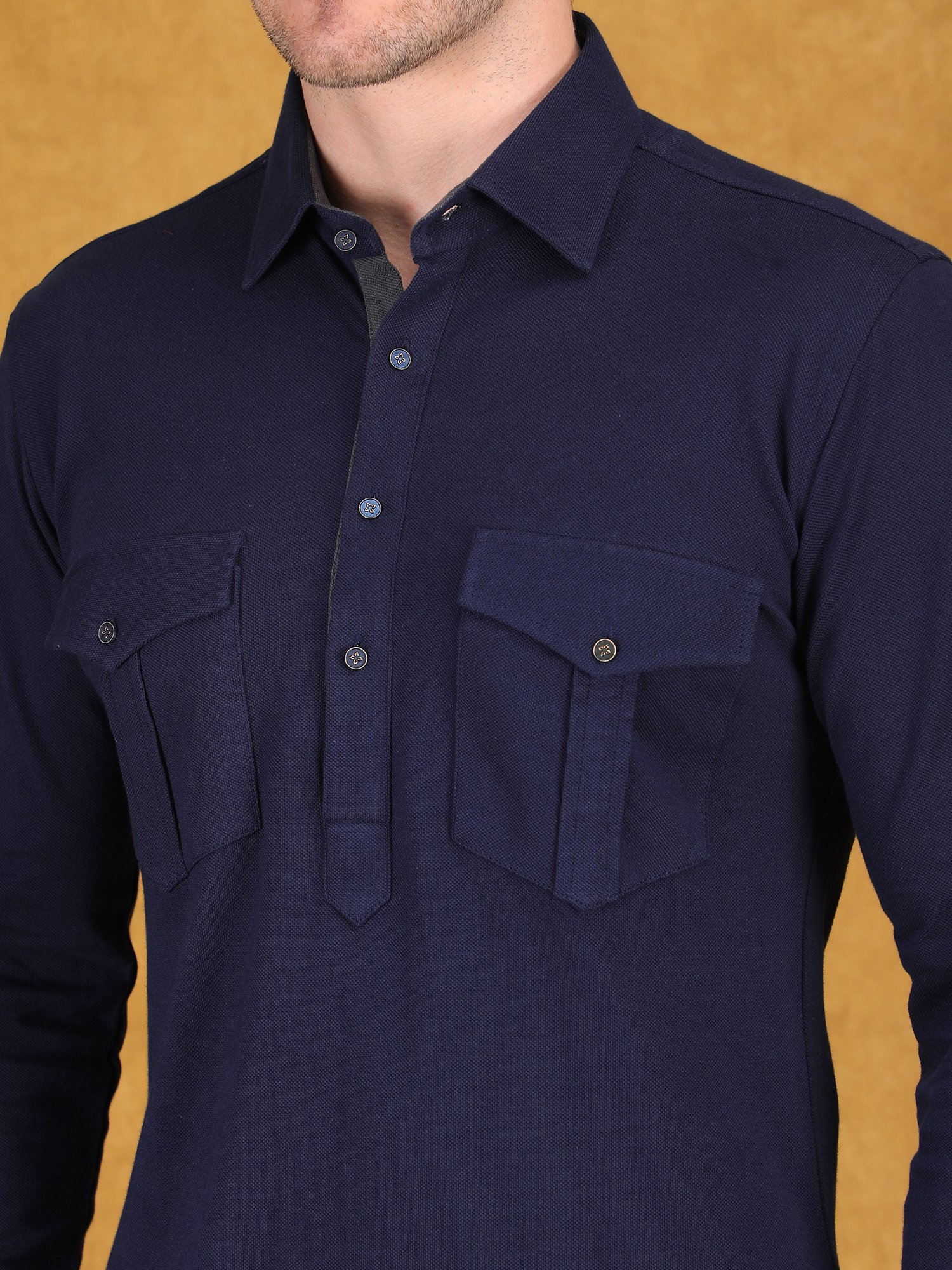 Navy Knitted Pathani Kurta Set for Reception - Image 6