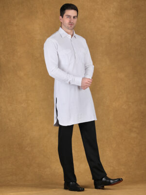 White knitted pathani kurta set reception with chest pocket design