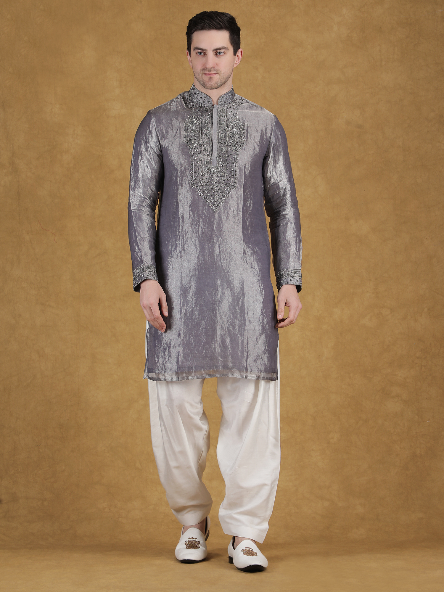 Grey Tissue Silk Hand Embroidery Kurta Set for Reception - Image 2