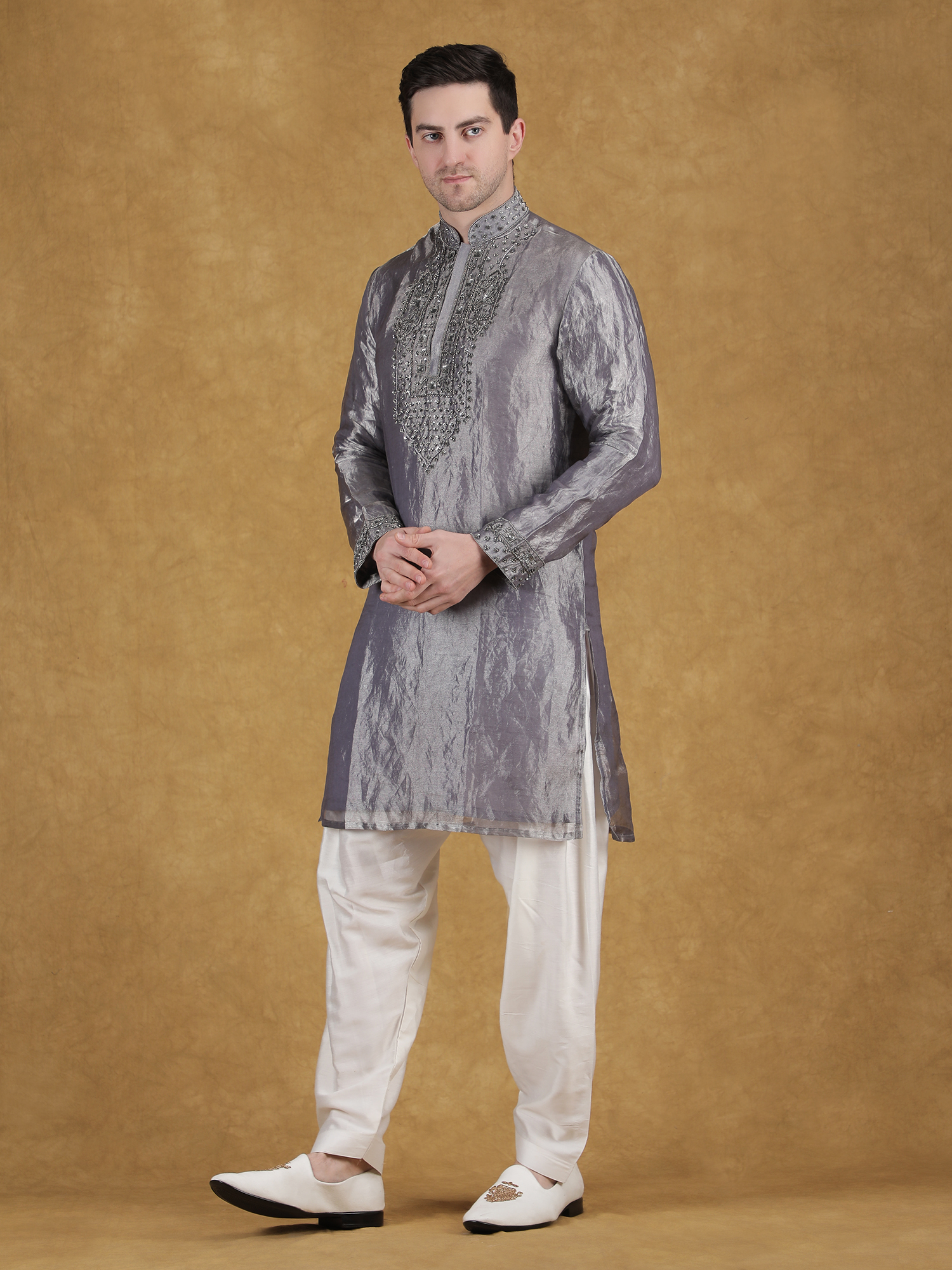 Grey Tissue Silk Hand Embroidery Kurta Set for Reception - Image 3