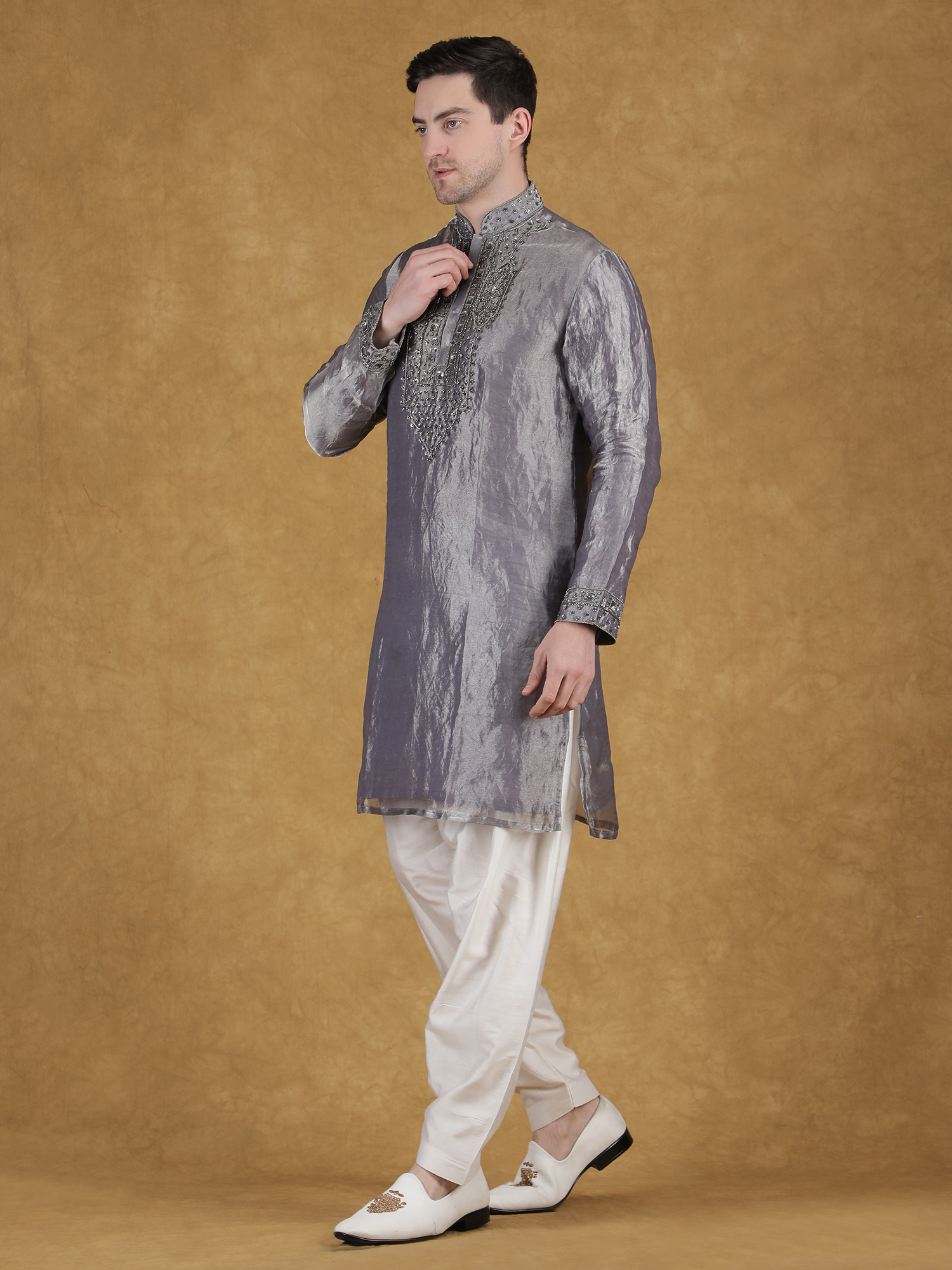 Grey Tissue Silk Hand Embroidery Kurta Set for Reception - Image 4