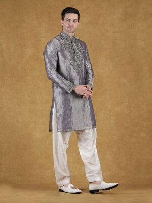 Grey tissue silk hand embroidery kurta set reception premium wear