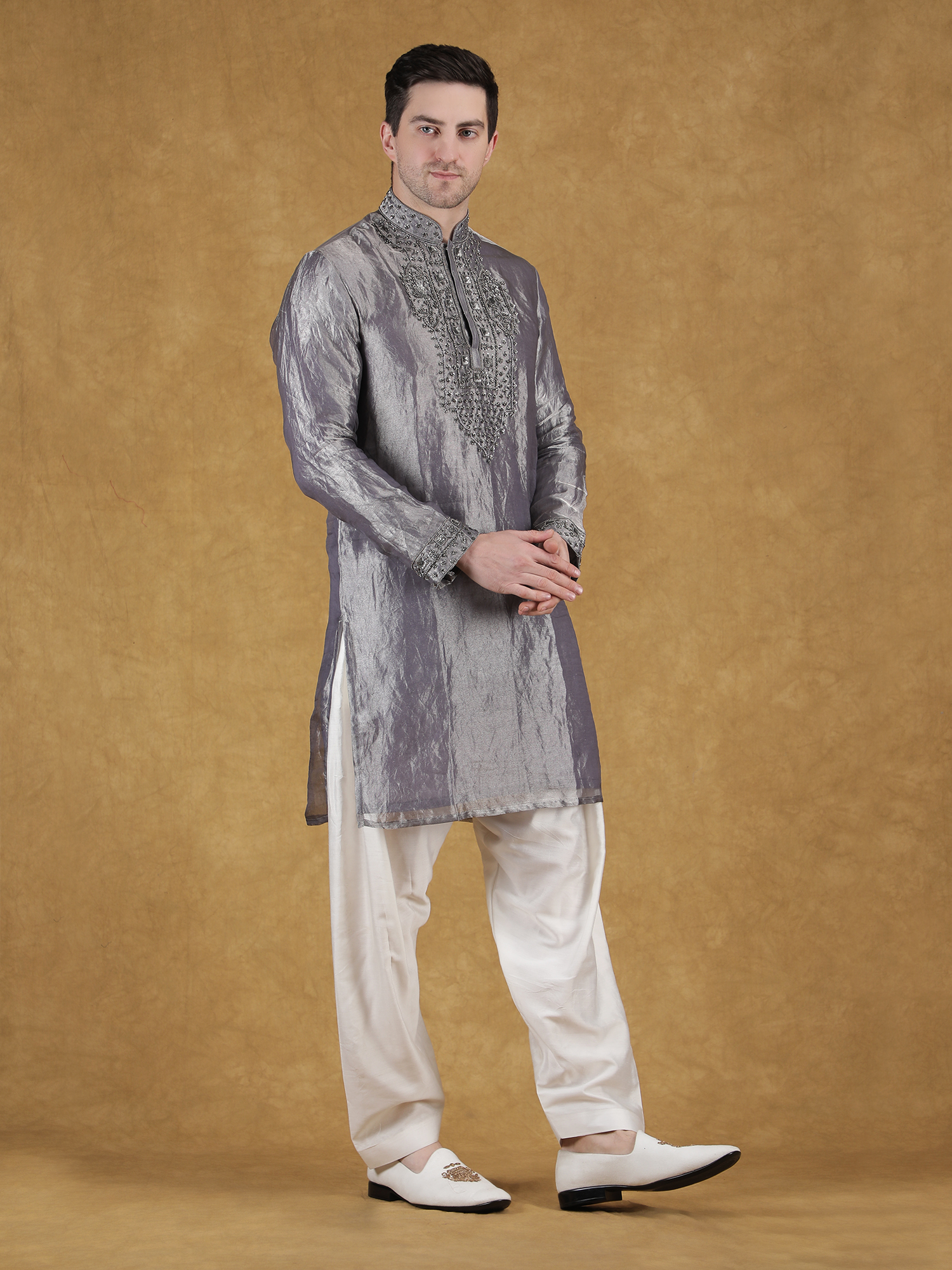 Grey tissue silk hand embroidery kurta set reception premium wear