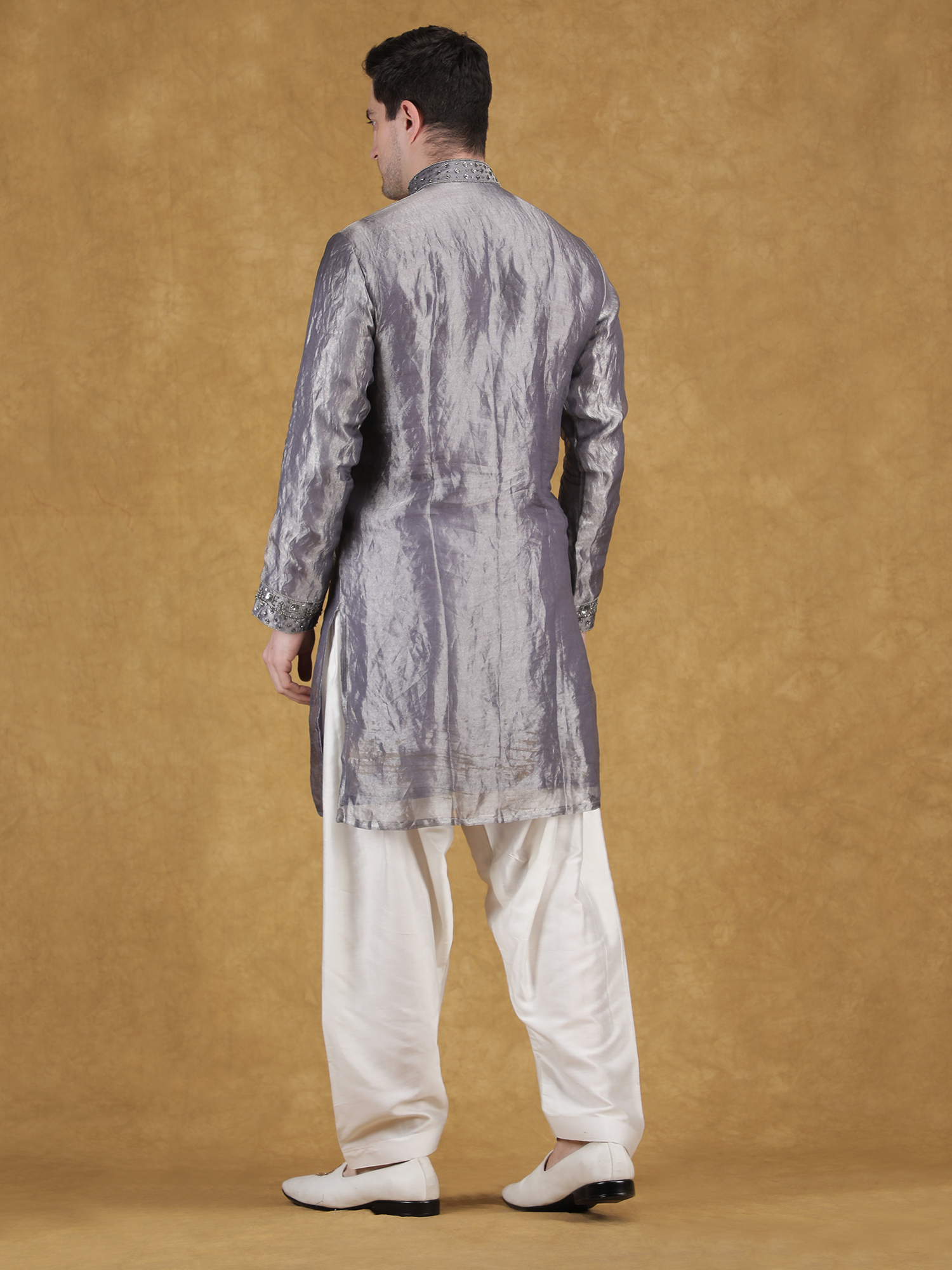Grey Tissue Silk Hand Embroidery Kurta Set for Reception - Image 6