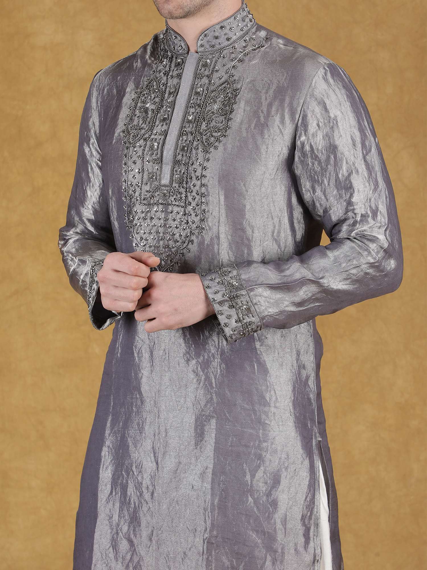 Grey Tissue Silk Hand Embroidery Kurta Set for Reception - Image 7