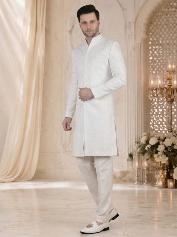 white cotton velvet sherwani with thread work