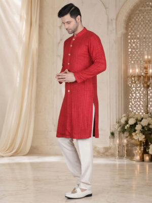 Red textured embroidery kurta set reception wear vertical pattern
