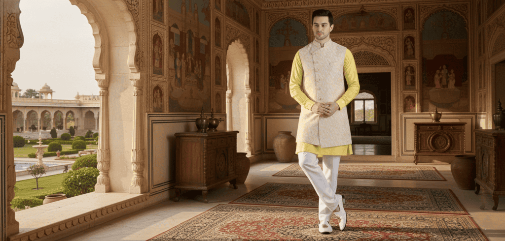 Premium ivory Indo Western kurta set by Deshi Coast for luxury wedding and festive wear