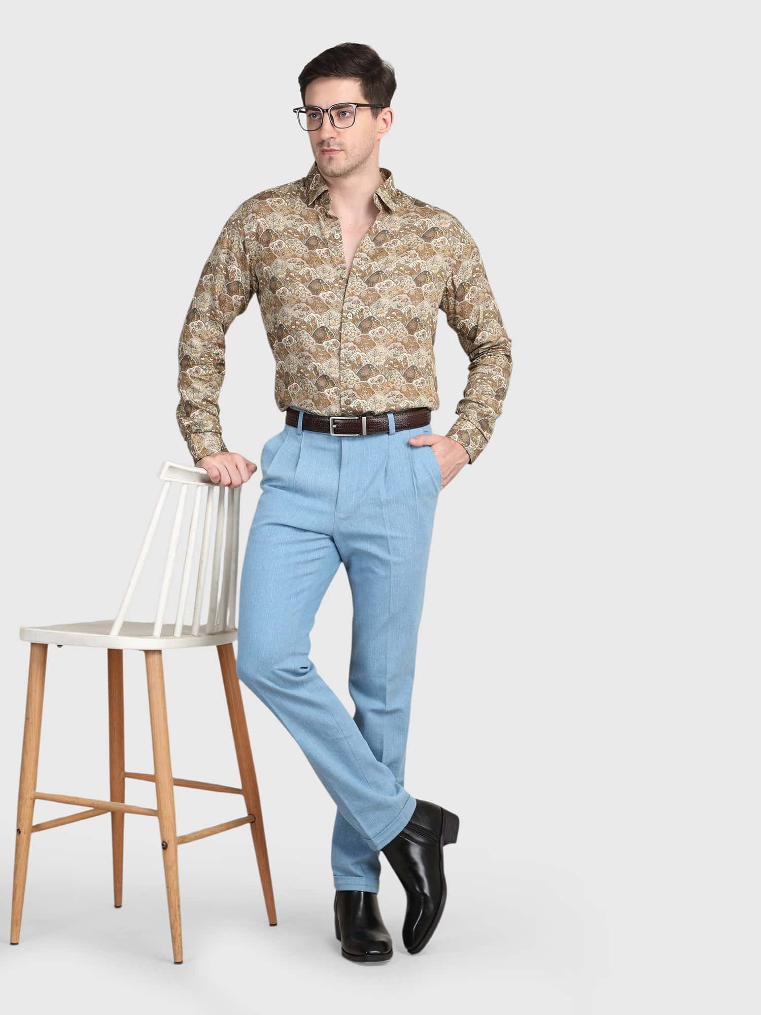 Beige paisley shirt for men with elegant all-over print by Deshi Coast