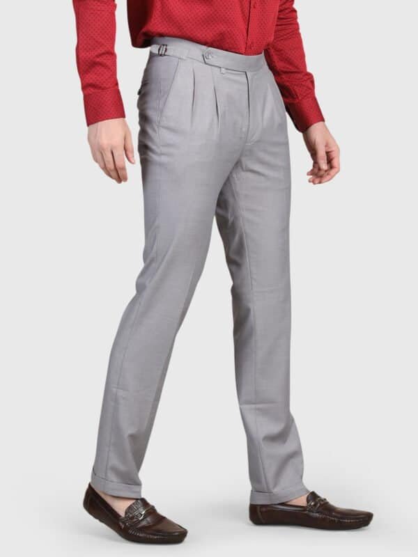 Grey pleated trouser for men with tailored fit and premium styling by Deshi Coast