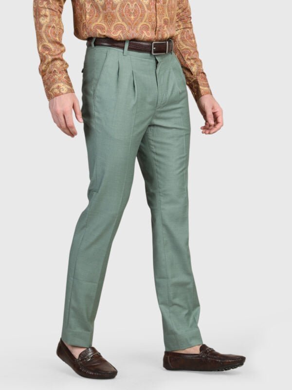 Green pleated trouser for men with tailored fit and elegant styling by Deshi Coast