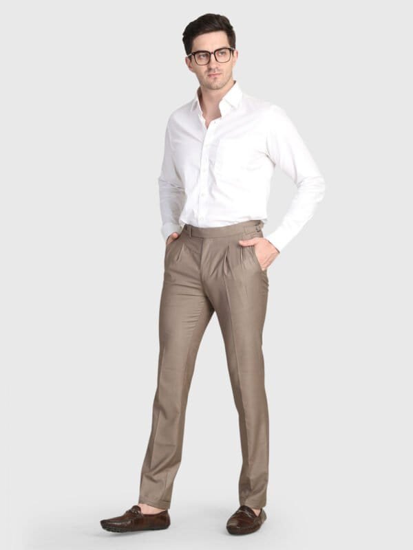 Taupe pleated trouser for men with tailored fit and elegant styling by Deshi Coast