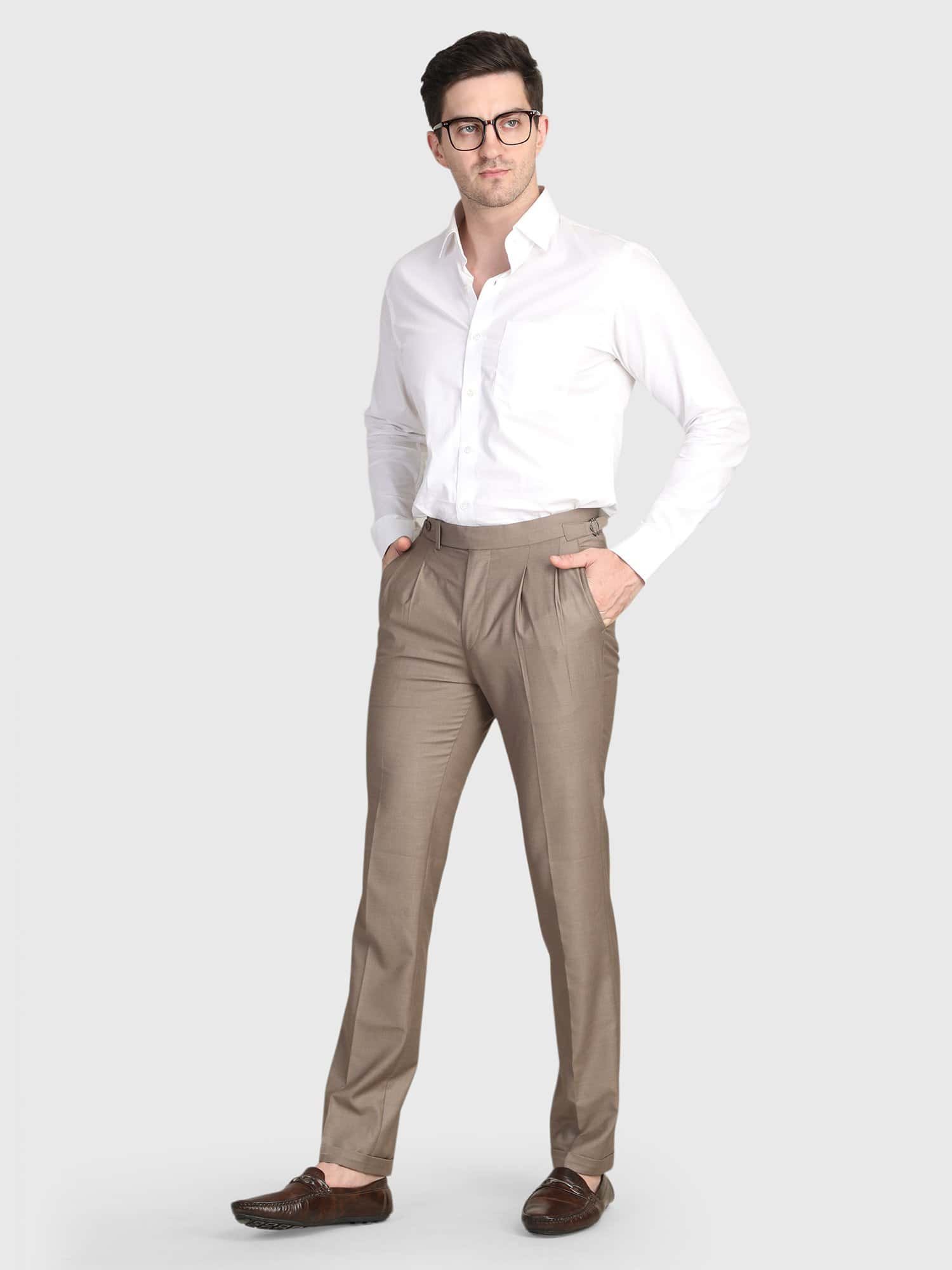 Taupe pleated trouser for men with tailored fit and elegant styling by Deshi Coast