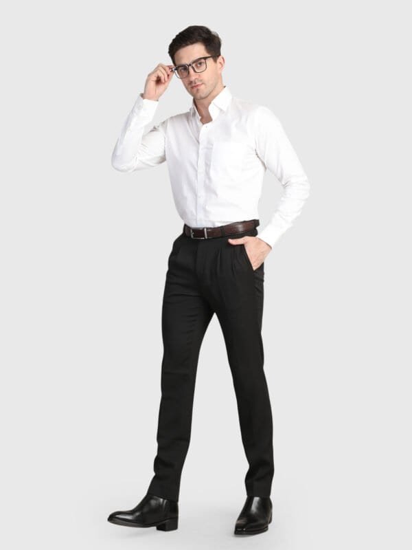 Black pleated trouser for men with tailored fit and premium styling by Deshi Coast