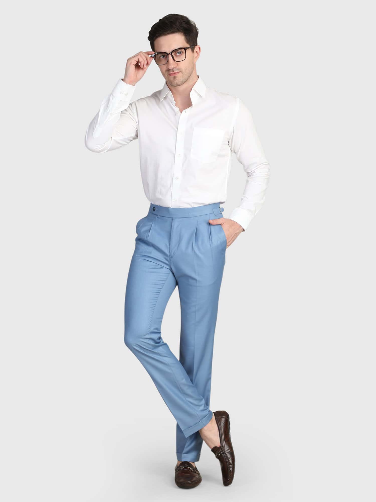 Sky blue pleated trouser for men with tailored fit and premium styling by Deshi Coast