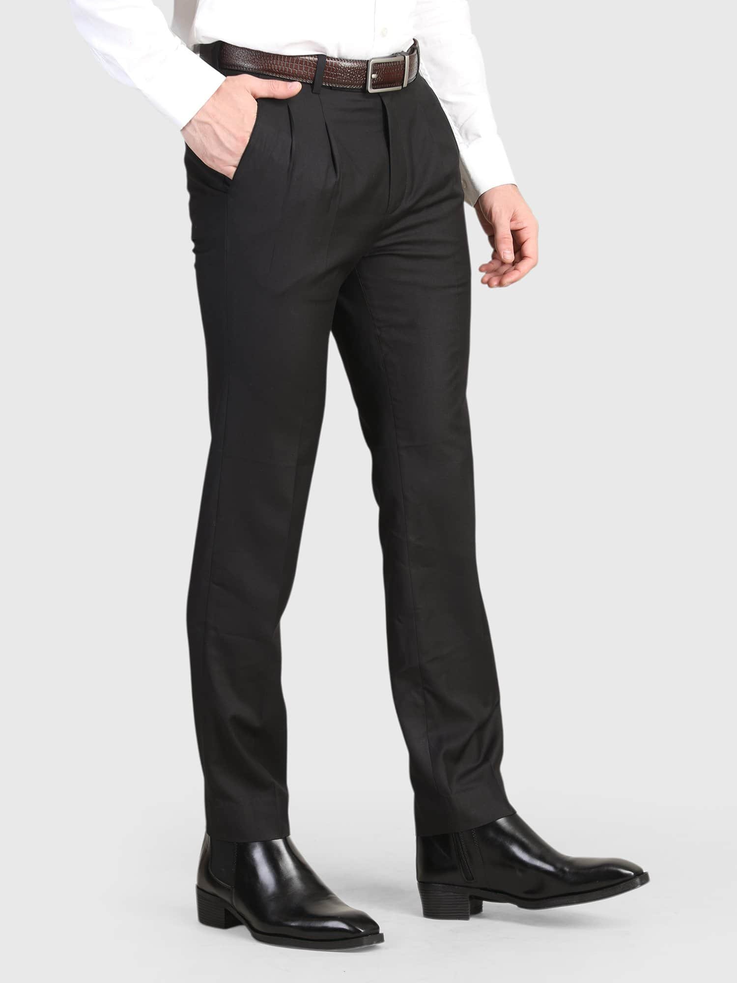 Black pleated trouser for men with tailored fit and premium styling by Deshi Coast