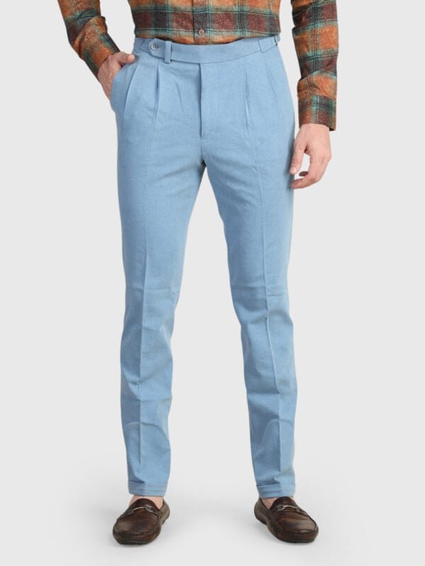 Sky blue double pleated denim trouser for men with tailored fit and Italian styling by Deshi Coast
