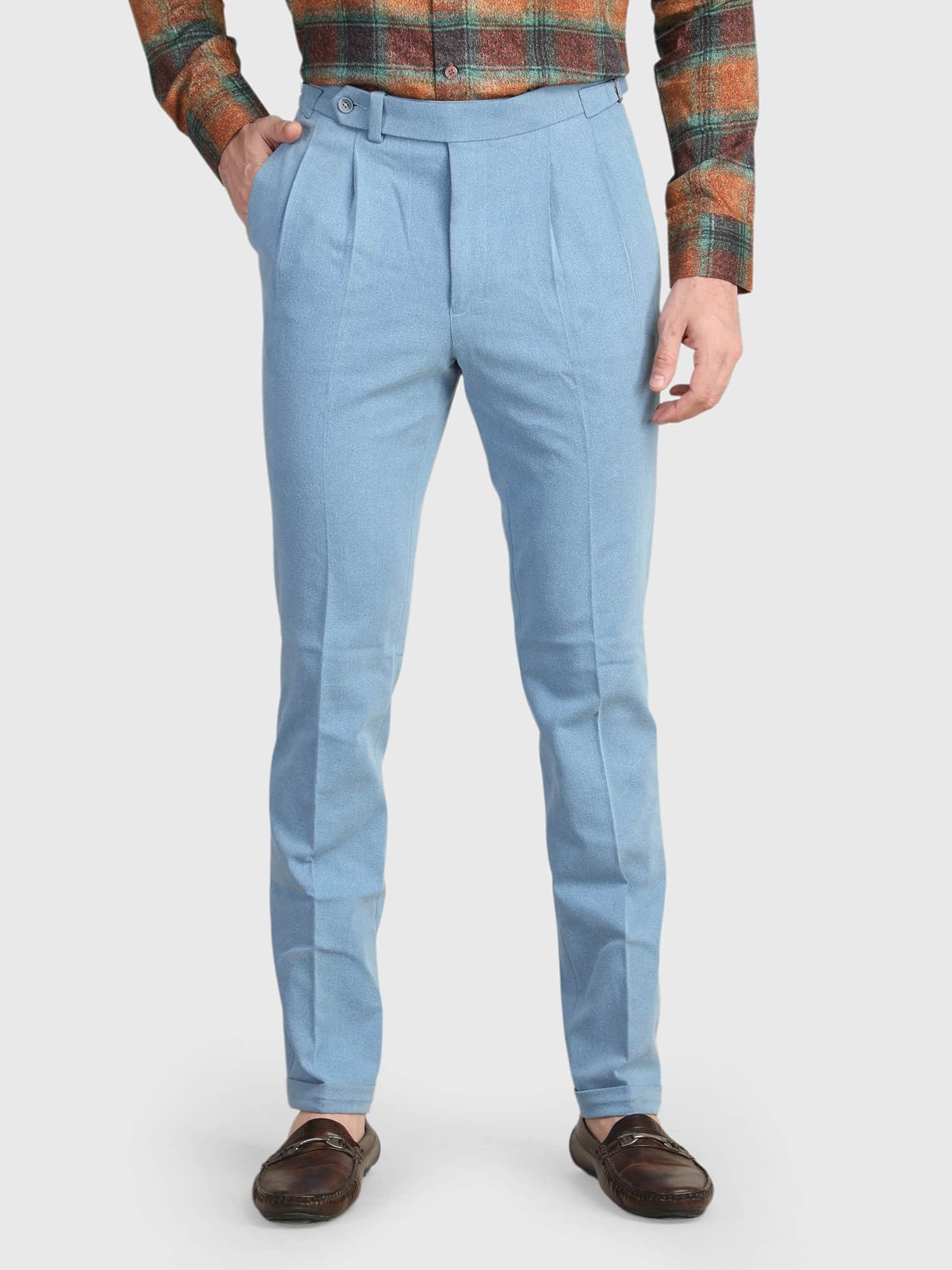 Sky blue double pleated denim trouser for men with tailored fit and Italian styling by Deshi Coast