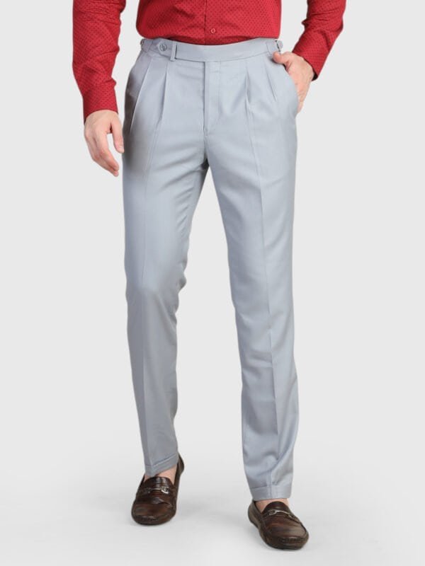 Light Grey Pleated Trouser for men with premium suiting fabric, double pleats, tailored fit, and Italian-inspired styling by Deshi Coast.
