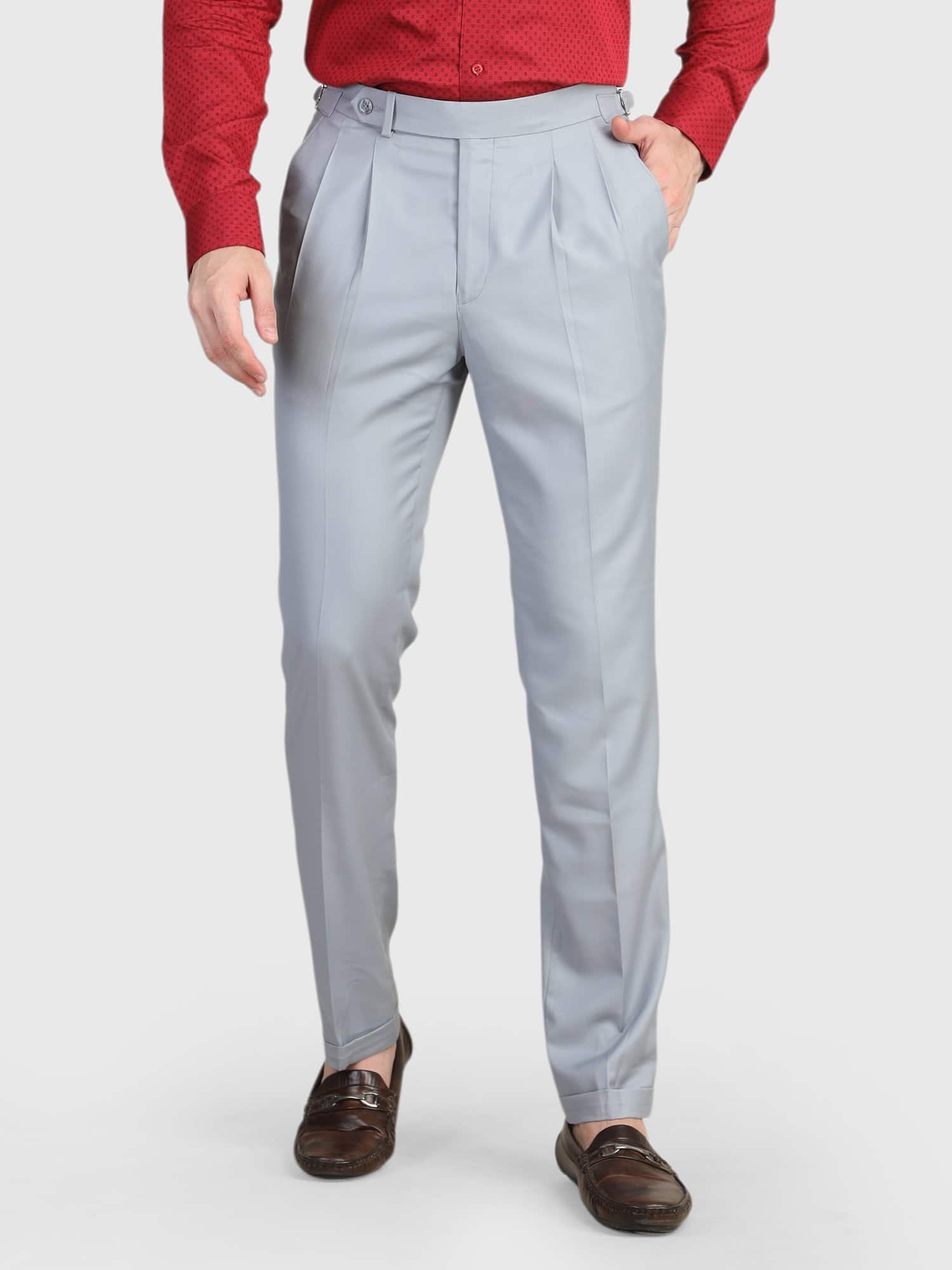 Light Grey Pleated Trouser for men with premium suiting fabric, double pleats, tailored fit, and Italian-inspired styling by Deshi Coast.
