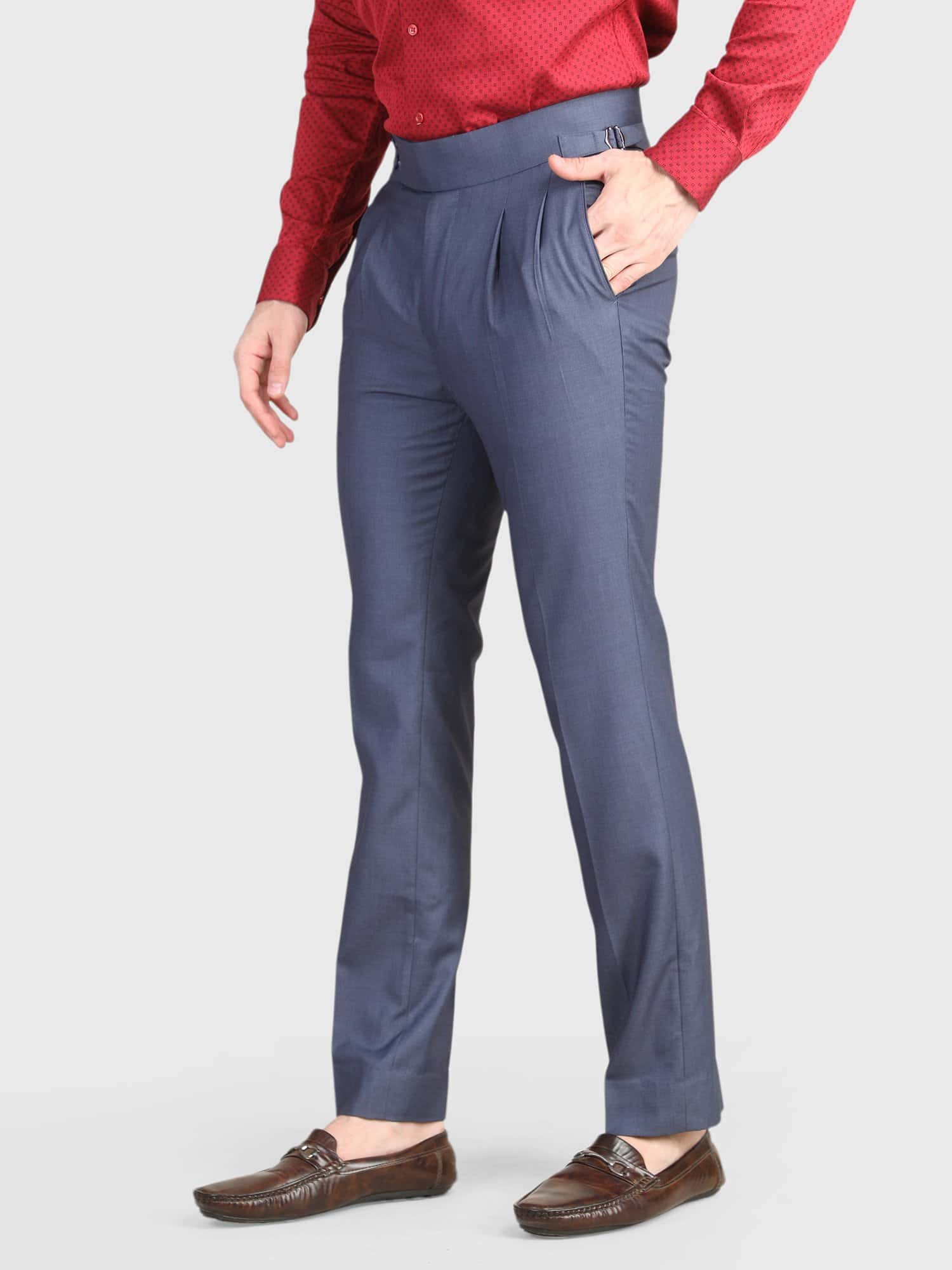 Men's steel blue pleated trouser with side adjusters, tailored fit, and Italian-inspired luxury styling by Deshi Coast.