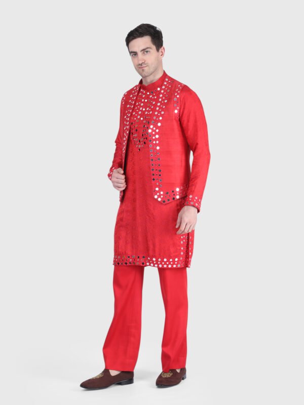 Red Mirror Work Bandi Kurta Trouser Set for Men by Deshi Coast
