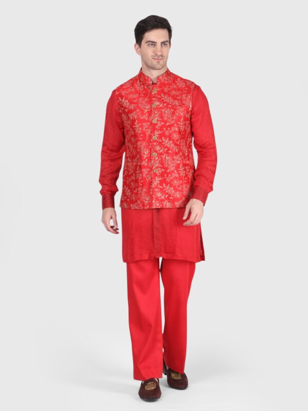 Red Embroidered Bandi Kurta Trouser Set for Men by Deshi Coast