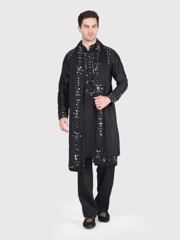 Black Mirror Work Kurta Stole Trouser Set for Men by Deshi Coast