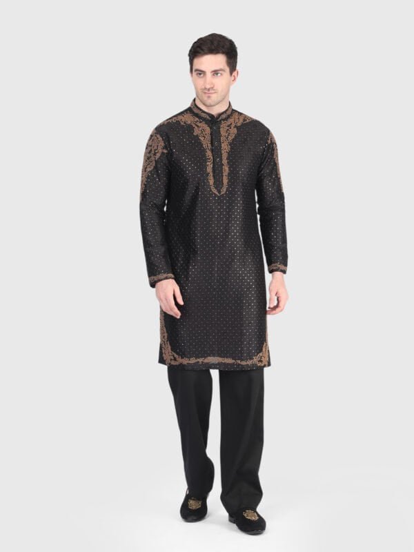 Black Embroidered Silk Kurta Trouser Set for Men by Deshi Coast