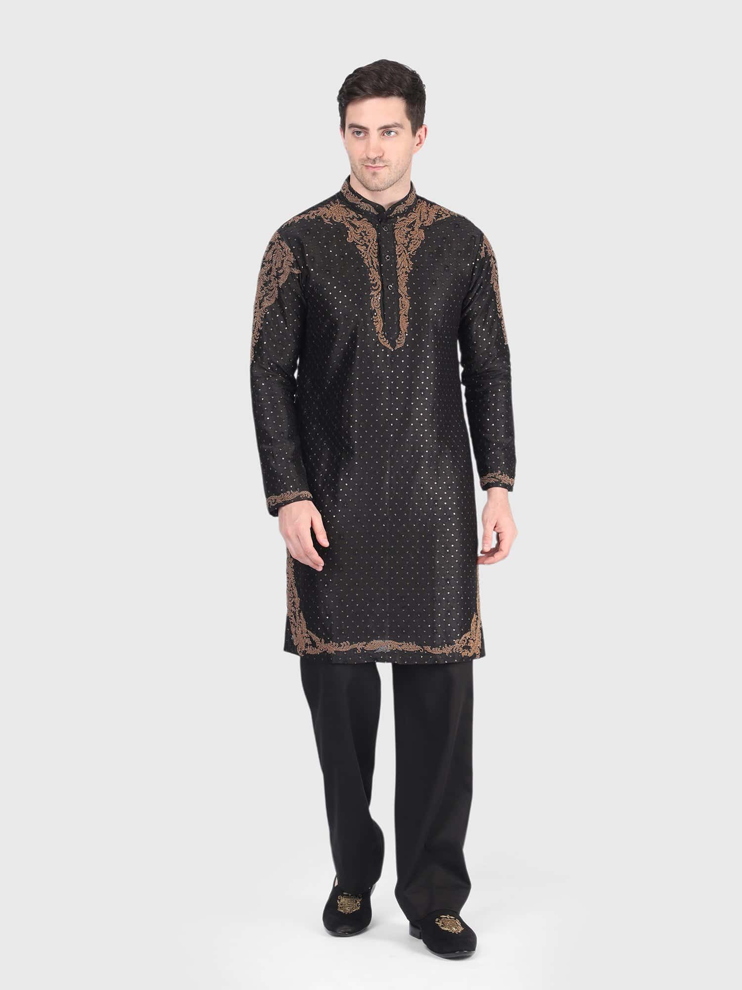 Black Embroidered Silk Kurta Trouser Set for Men by Deshi Coast