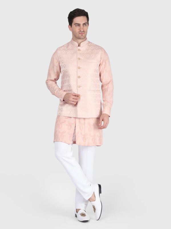 Peach Jacquard Bandi Kurta Pant Set for Men by Deshi Coast