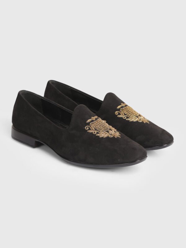 Royal Black Wedding Shoes for Men with Gold Embroidered Crest Design by Deshi Coast