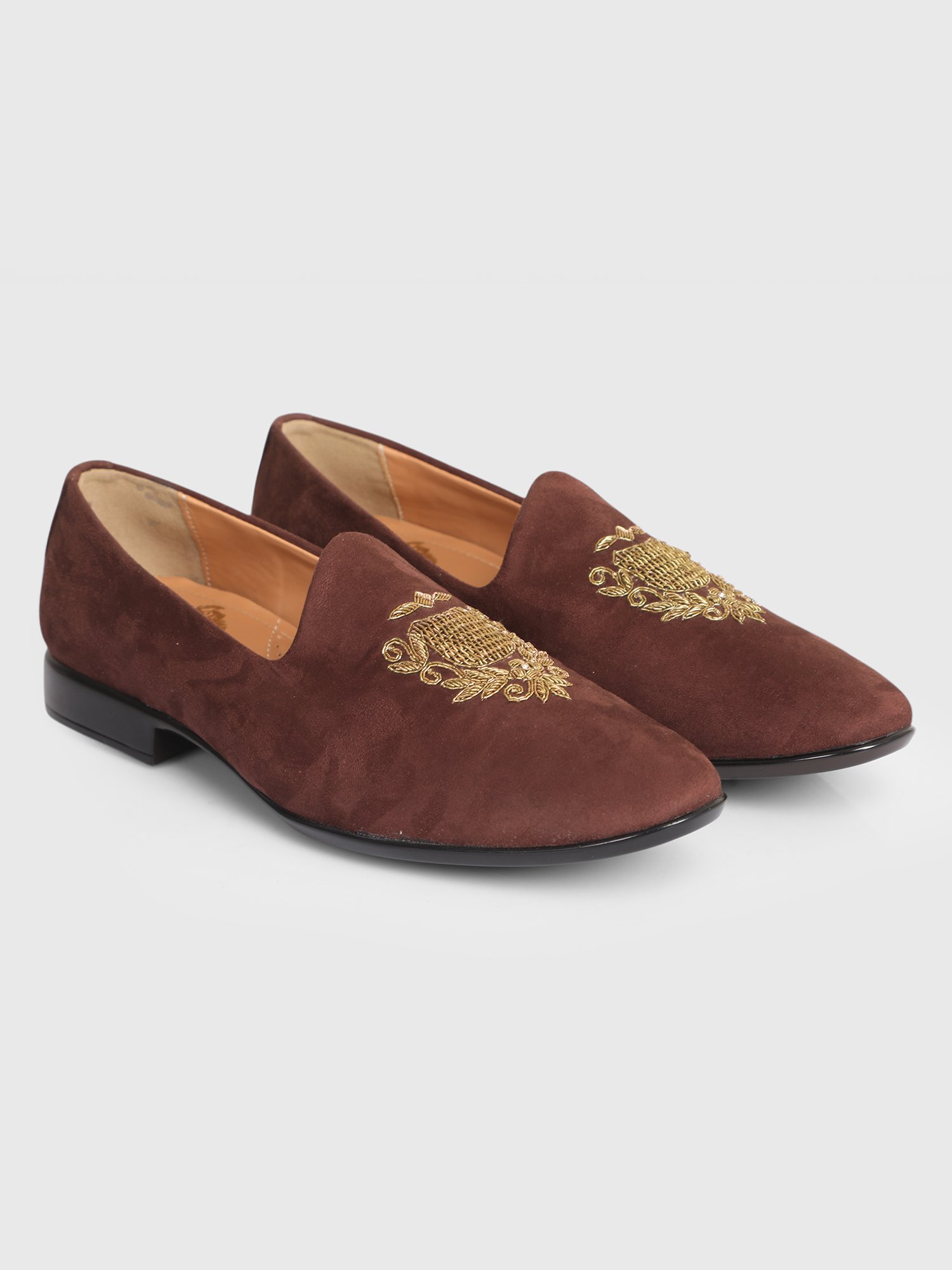 Coffee Brown Wedding Shoes for Men with Gold Embroidered Crest Design by Deshi Coast