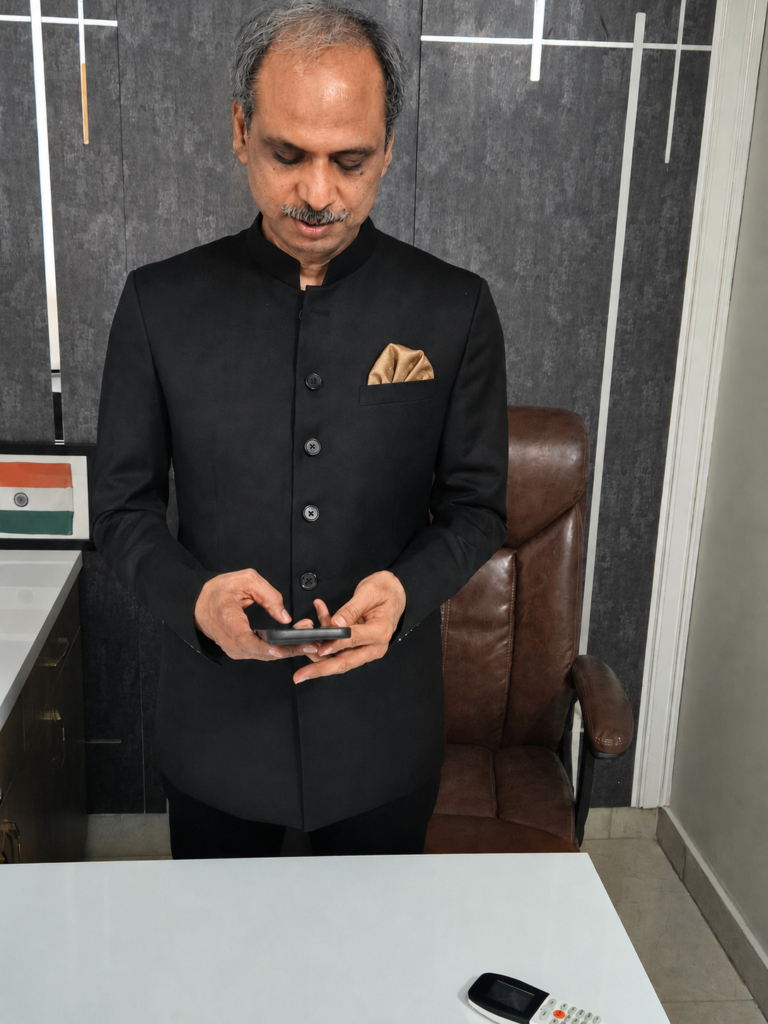 Shri Harshwardhan Tripathi wearing a custom black bandhgala jacket by DeshiCoastBlack bandhgala for men worn by Shri Harshwardhan Tripathi, custom made by DeshiCoast