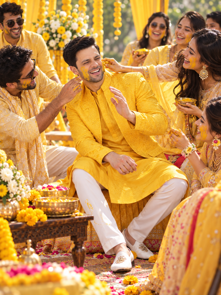 Yellow bandhgala for Haldi ceremony with matching kurta by DeshiCoast