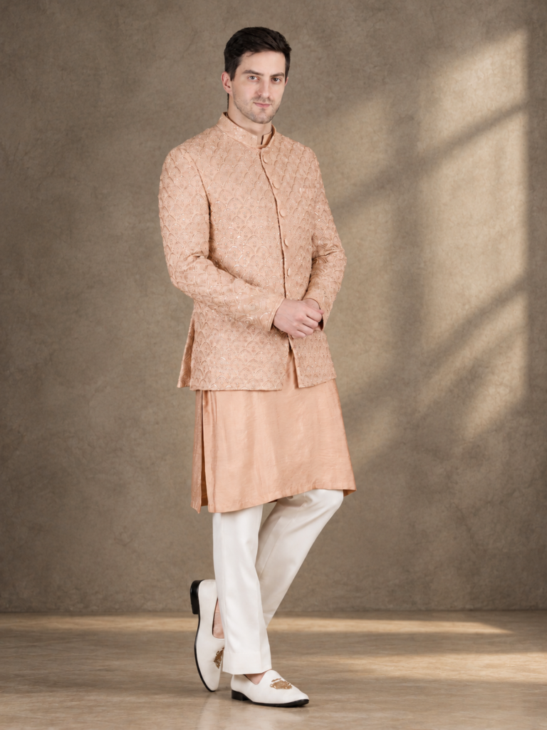 Bandhgala kurta set for men in Lucknowi fabric with hand embroidery by DeshiCoast