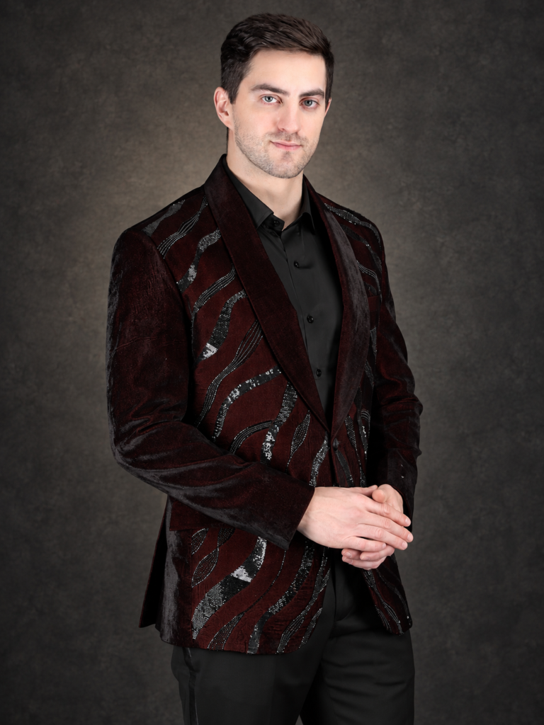 Bespoke velvet blazer for men in burgundy silk velvet with hand embroidery by DeshiCoast